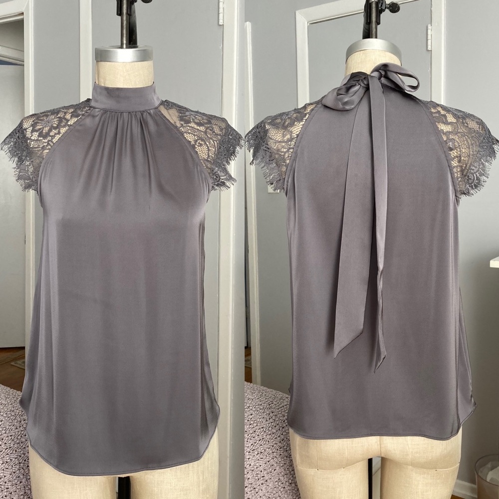 Womens Joie gray satin/lace top w/ back bow in size XS